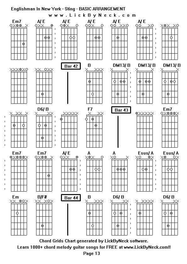 Chord Grids Chart of chord melody fingerstyle guitar song-Englishman In New York - Sting - BASIC ARRANGEMENT,generated by LickByNeck software.